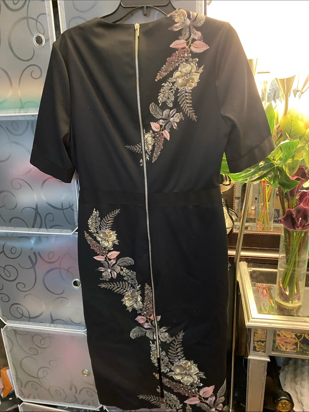 NWT, Ted Baker Black Midi Dress with Pink and Gold Floral Embroidery - Picture 3 of 6